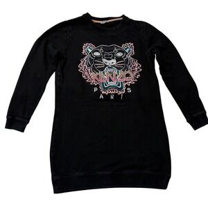 KENZO Paris Black Tiger Embroidered Sweatshirt Dress Long Sleeve Crew Neck - S/M